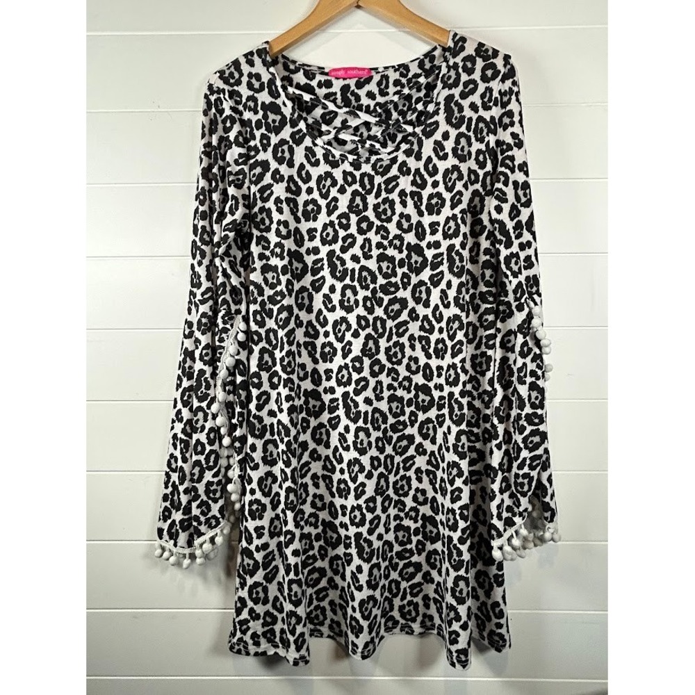 Simply Southern Leopard Print Dress Pom Pom Bell Sleeve Lattice Neck Medium
